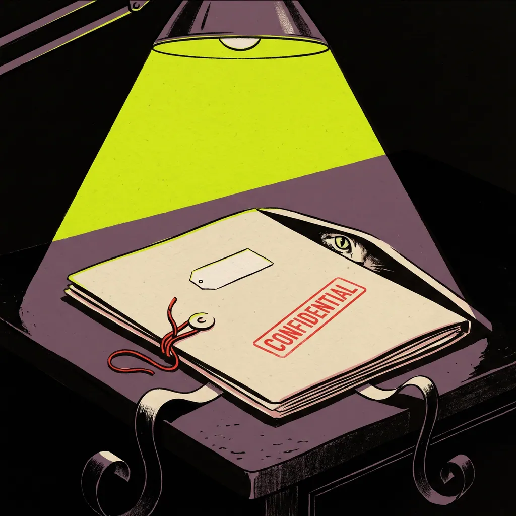 Sealed dossier: a closed personnel file under a desk lamp, tied shut and stamped confidential.